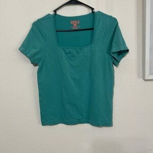 Bunulu Teal/Aqua Square Neck Short Sleeve Top | L/XL Stretch Basic Tee